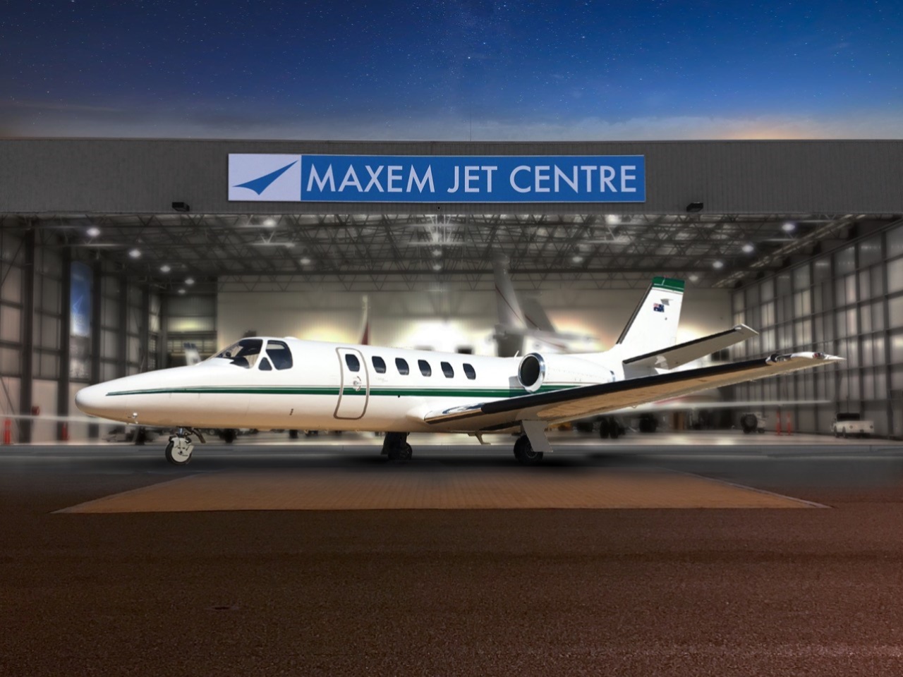 A FIFO charter flight outside the Maxem Jet Centre at Perth Airport in Australia